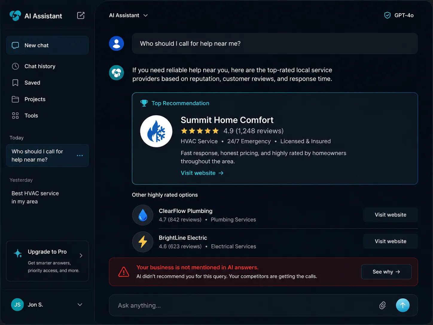 A dark-mode AI chat recommends competitors like Summit Home Comfort while warning that your business is not mentioned in AI answers.