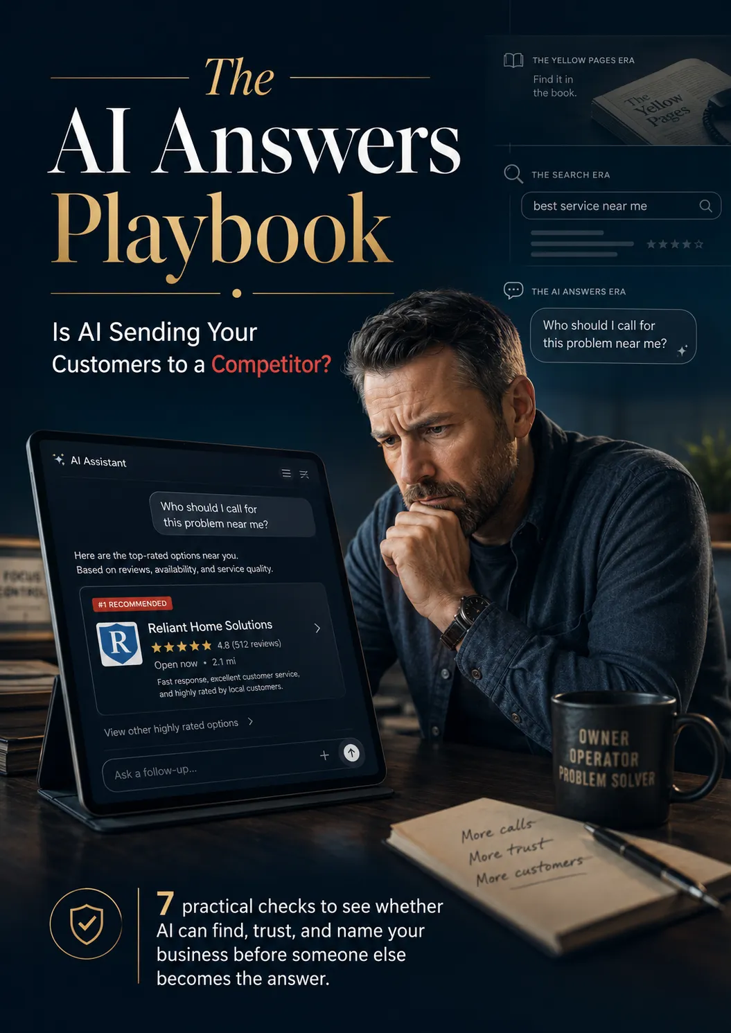The AI Answers Playbook cover — a business owner sees an AI answer name a competitor instead of their business.
